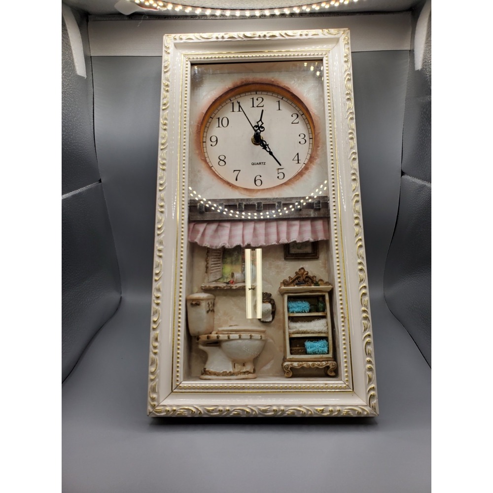 whimsical novelty quartz shadow box wall clock featuring a miniature bathroom...